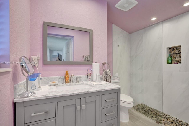 bathroom with a shower, vanity, and toilet