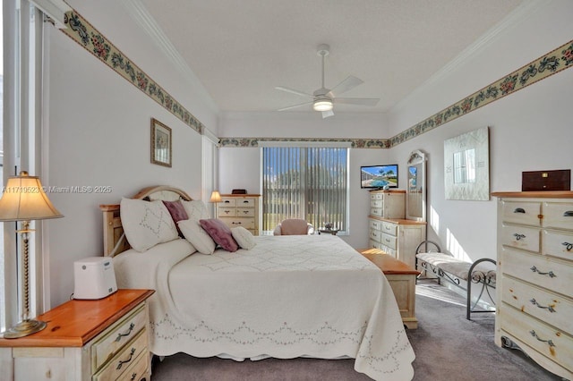 bedroom featuring multiple windows, dark colored carpet, ceiling fan, and ornamental molding