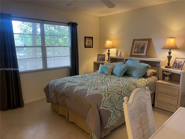 bedroom featuring a textured ceiling and ceiling fan