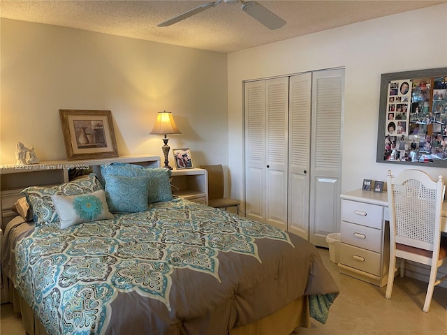 bedroom with a textured ceiling, a closet, and ceiling fan