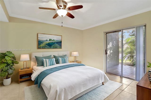 tiled bedroom with access to outside, ceiling fan, and crown molding