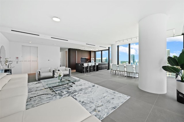 living room with rail lighting and a wall of windows