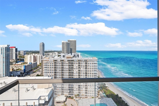 view of water feature with a beach view