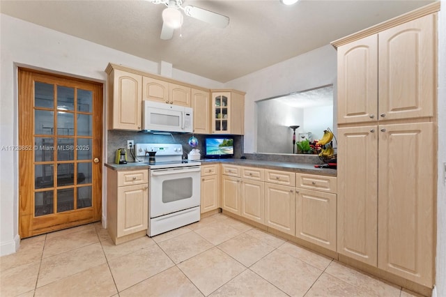 kitchen with light brown cabinets, white appliances, ceiling fan, light tile patterned floors, and tasteful backsplash