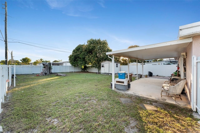 view of yard with a patio area and a shed