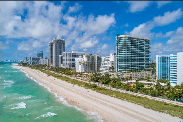 drone / aerial view featuring a city view, a beach view, and a water view