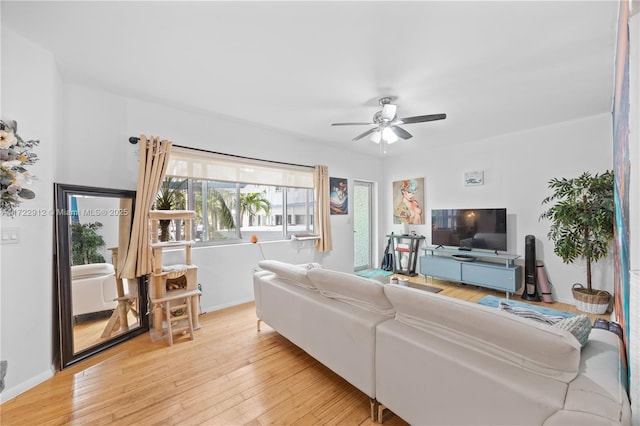 living room with ceiling fan and light hardwood / wood-style flooring