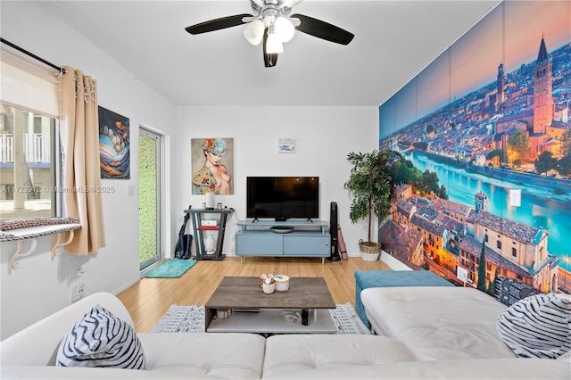 living room with ceiling fan and light hardwood / wood-style flooring