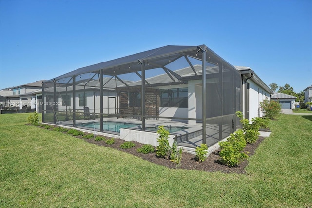 back of property featuring an outdoor pool, glass enclosure, a yard, and a patio area