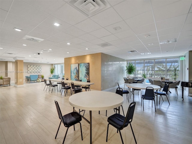 dining space with a drop ceiling, light hardwood / wood-style flooring, and expansive windows