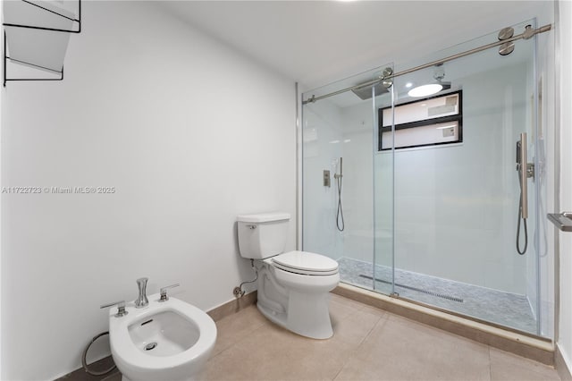 bathroom with tile patterned flooring, toilet, an enclosed shower, and a bidet