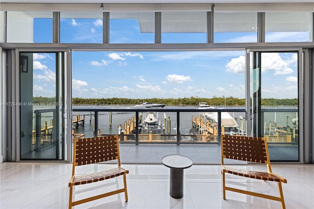 interior space with a water view