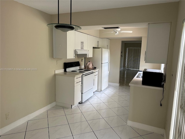 kitchen featuring white cabinets, light tile patterned floors, white appliances, and ceiling fan