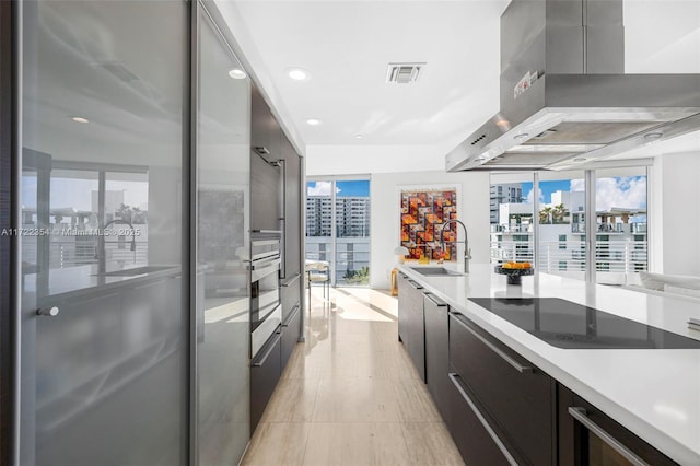 kitchen featuring a wealth of natural light, sink, wall chimney exhaust hood, and stainless steel appliances