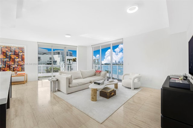 tiled living room with expansive windows