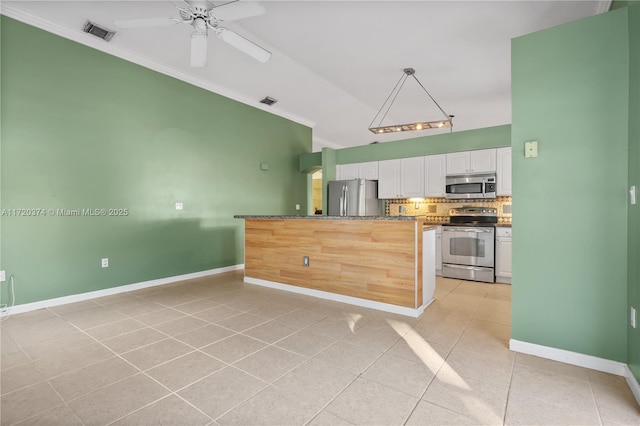 kitchen with light tile patterned floors, visible vents, white cabinets, appliances with stainless steel finishes, and decorative backsplash