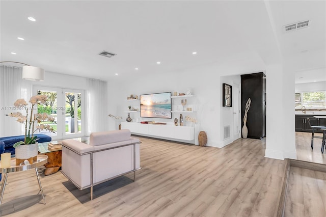 living room with light wood-type flooring, sink, a wealth of natural light, and french doors