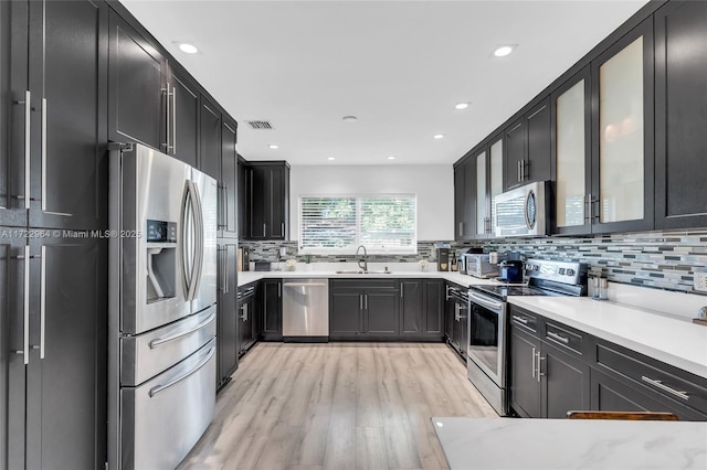 kitchen featuring tasteful backsplash, sink, stainless steel appliances, and light hardwood / wood-style floors