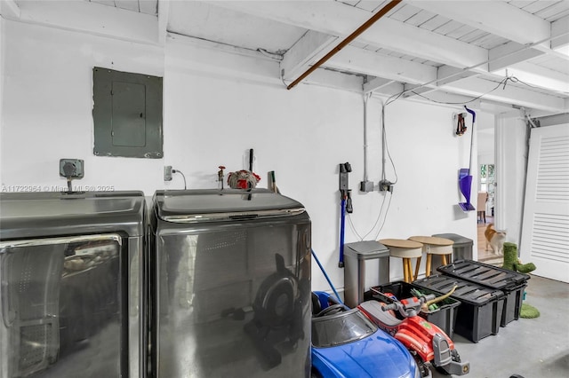 laundry room featuring electric panel and washer and clothes dryer