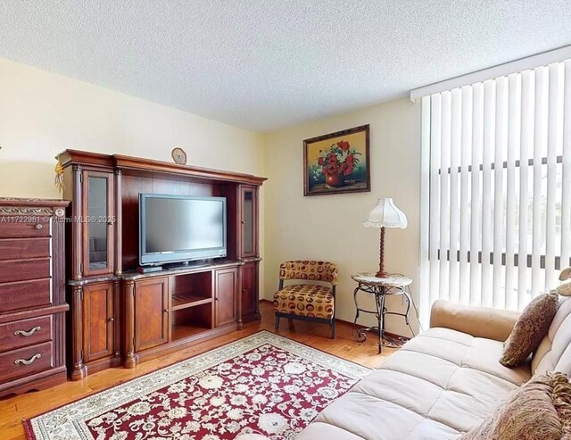 living room with light wood-type flooring and a textured ceiling