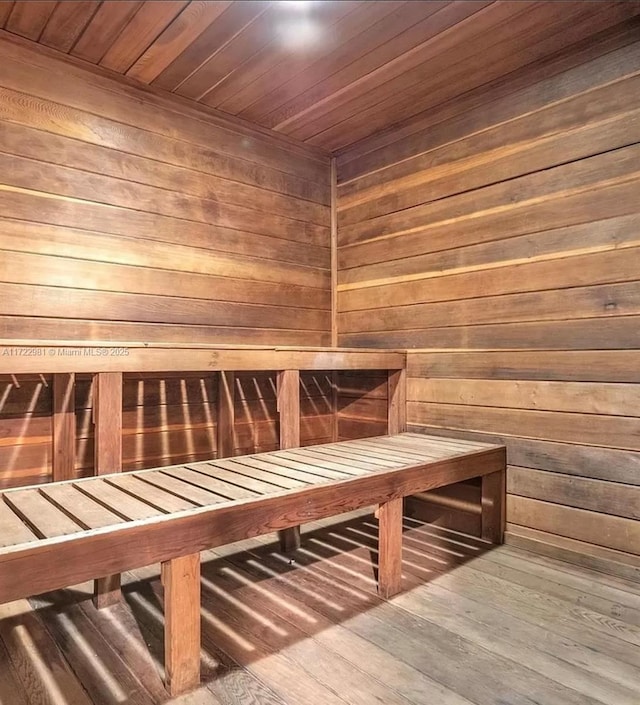 view of sauna with wood finished floors