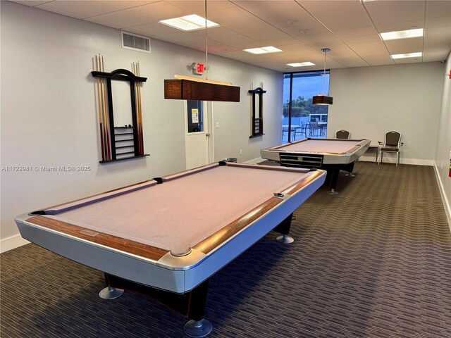 rec room featuring a drop ceiling, dark carpet, and billiards