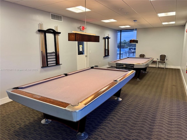 playroom featuring carpet floors, pool table, visible vents, and baseboards