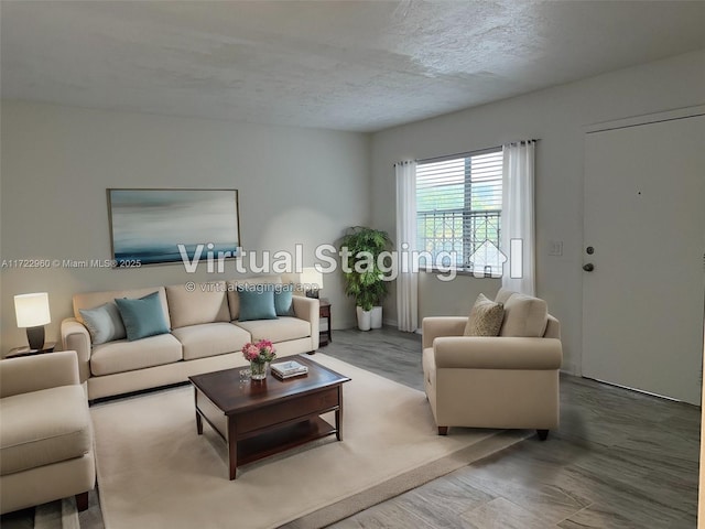 living room with a textured ceiling