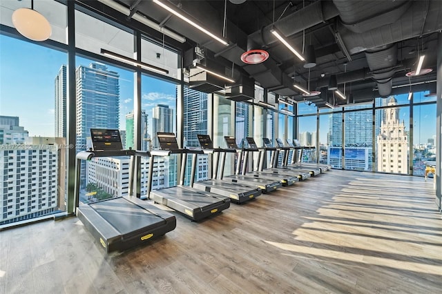 gym with a wealth of natural light, a towering ceiling, hardwood / wood-style flooring, and a wall of windows