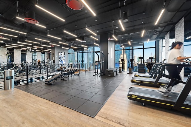 gym featuring hardwood / wood-style floors and expansive windows