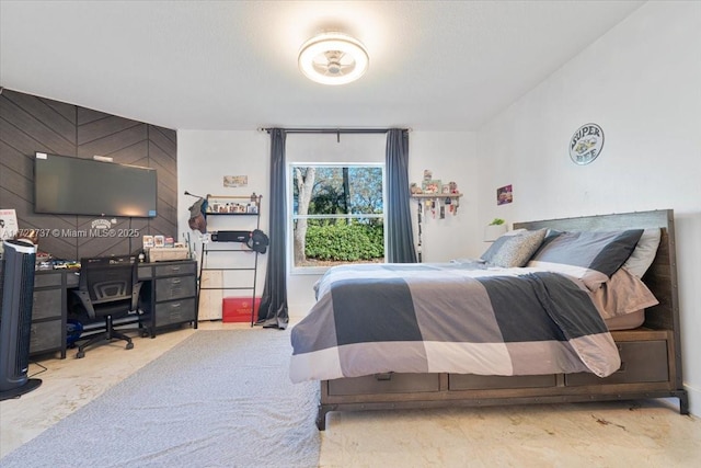 bedroom with wooden walls