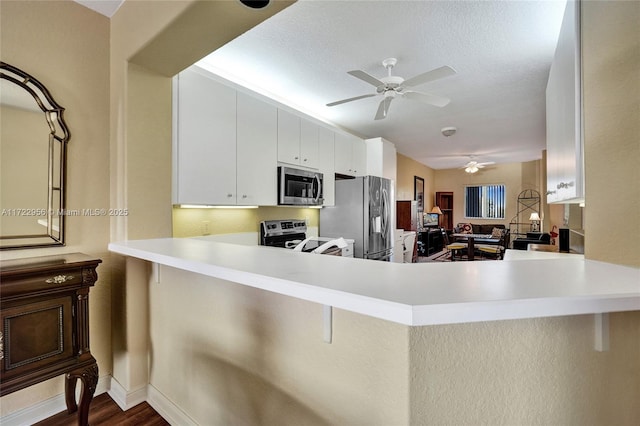 kitchen with kitchen peninsula, appliances with stainless steel finishes, and ceiling fan