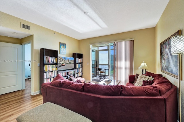 living room with light hardwood / wood-style floors and a textured ceiling