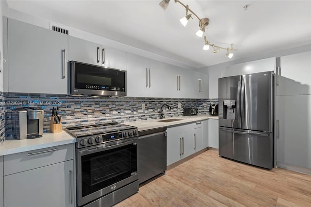 kitchen featuring stainless steel appliances, light countertops, backsplash, light wood-style floors, and a sink