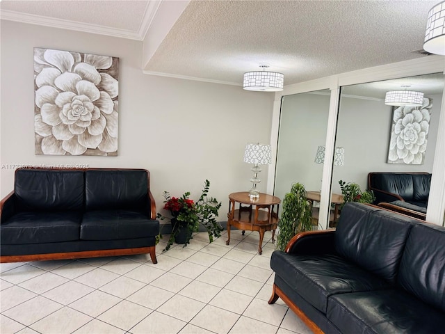 tiled living room featuring crown molding and a textured ceiling