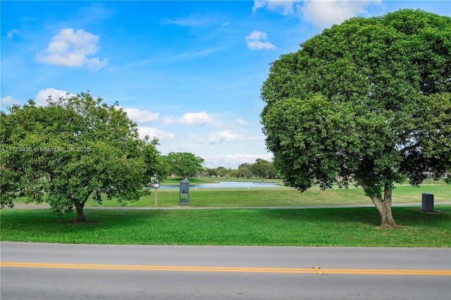 view of home's community with a lawn and a water view