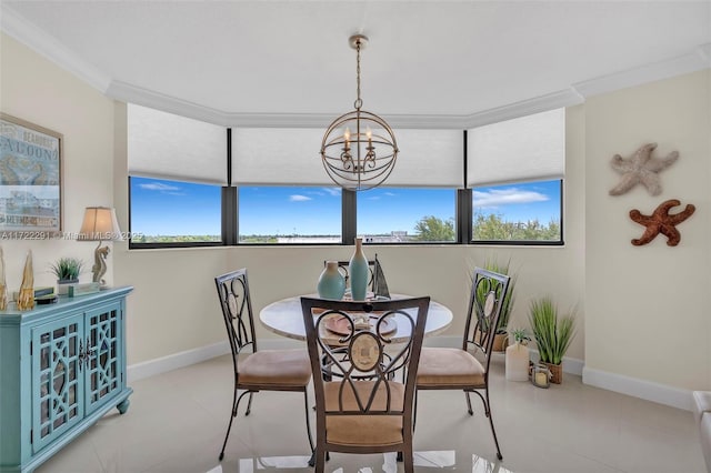 tiled dining room with a chandelier and crown molding