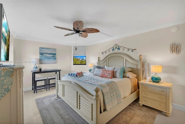 bedroom featuring ceiling fan, light tile patterned flooring, and ornamental molding