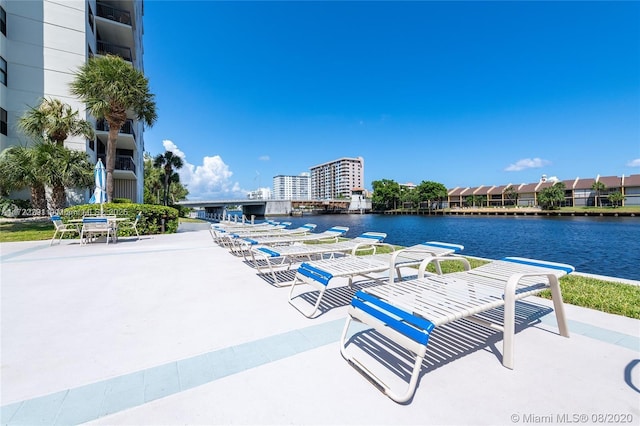 view of patio / terrace featuring a water view