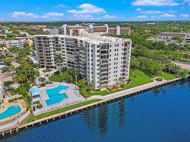 drone / aerial view with a water view