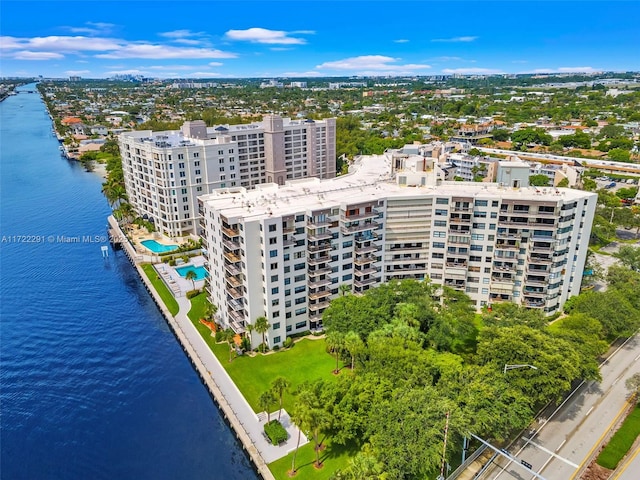 aerial view featuring a water view