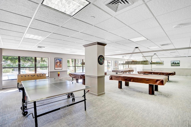 recreation room featuring a drop ceiling, light colored carpet, and billiards