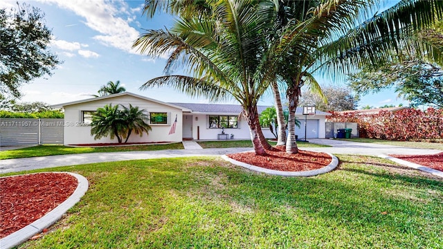 view of front of house with a garage and a front lawn