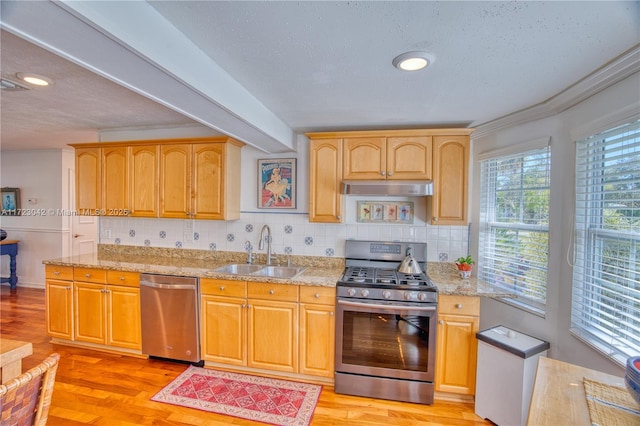 kitchen featuring light wood-style flooring, under cabinet range hood, a sink, appliances with stainless steel finishes, and decorative backsplash