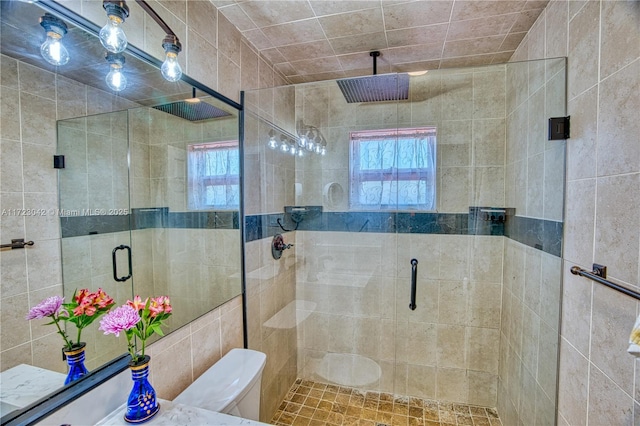 full bathroom with a shower stall and toilet