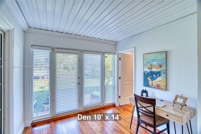 office featuring ornamental molding and light wood-style floors