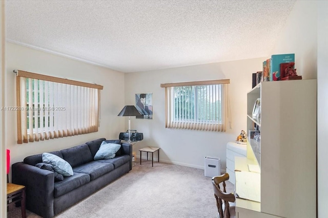 living room featuring a textured ceiling and carpet floors