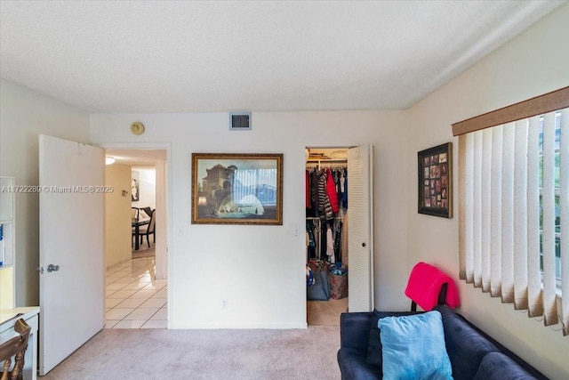 sitting room with light carpet and a textured ceiling