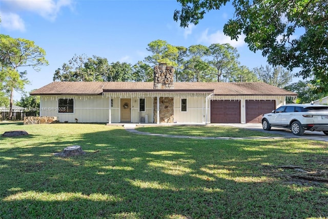 ranch-style house with a porch, a garage, and a front yard