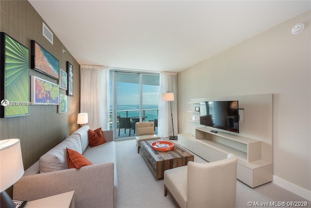 carpeted living room with floor to ceiling windows